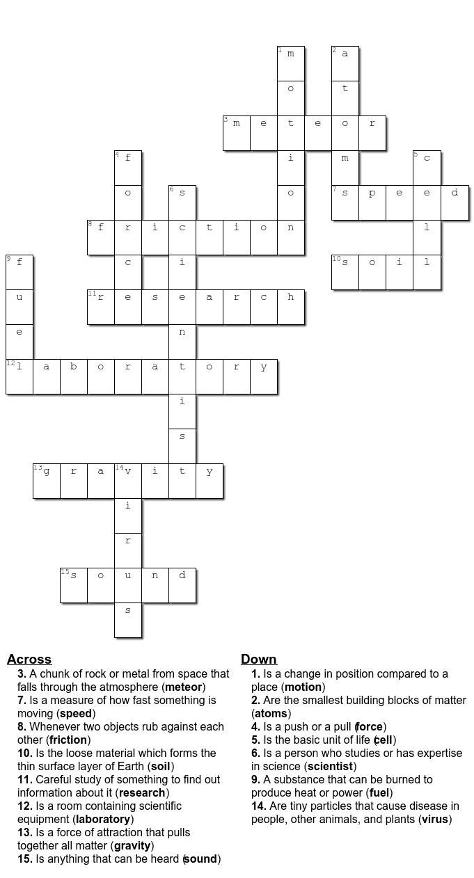 free science crossword printable game sheets - crazy laura